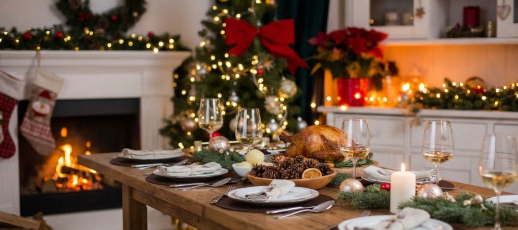 Mesa cálida con luz navideña que representa la bienvenida a Historias entre Fogones, un hogar digital de recetas y recuerdos.