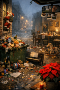 Calle tranquila tras las fiestas con luces apagándose, simbolizando la resaca de Navidad y las voces que aún resuenan.