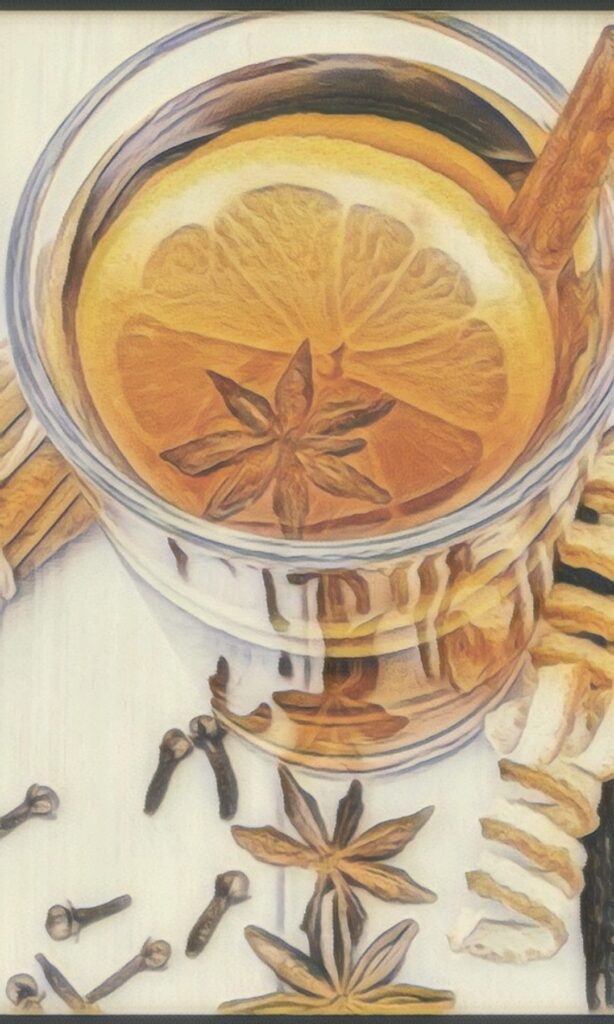 Tarro de cristal con rodajas de naranja y limón, jengibre y especias, listo para preparar una infusión de cítricos con miel para resfriados.