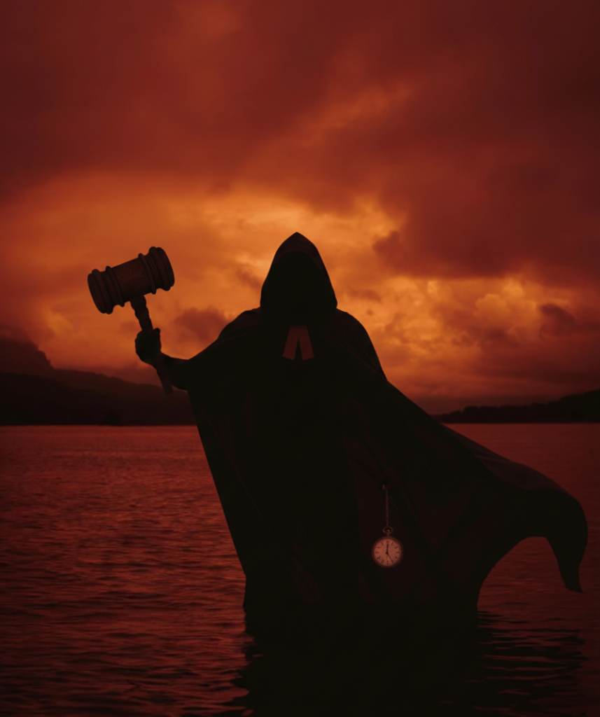 Representacion del tiempo como juez y verdugo. A una mano el mazo de sentencia y con la otra sujetando un reloj con sus manecillas.