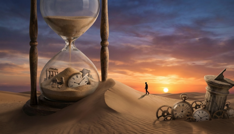 Silueta de un hombre andando sobre las arenas del desierto, rodeado de relojes, representa el tema principal de la entrada, el tiempo.