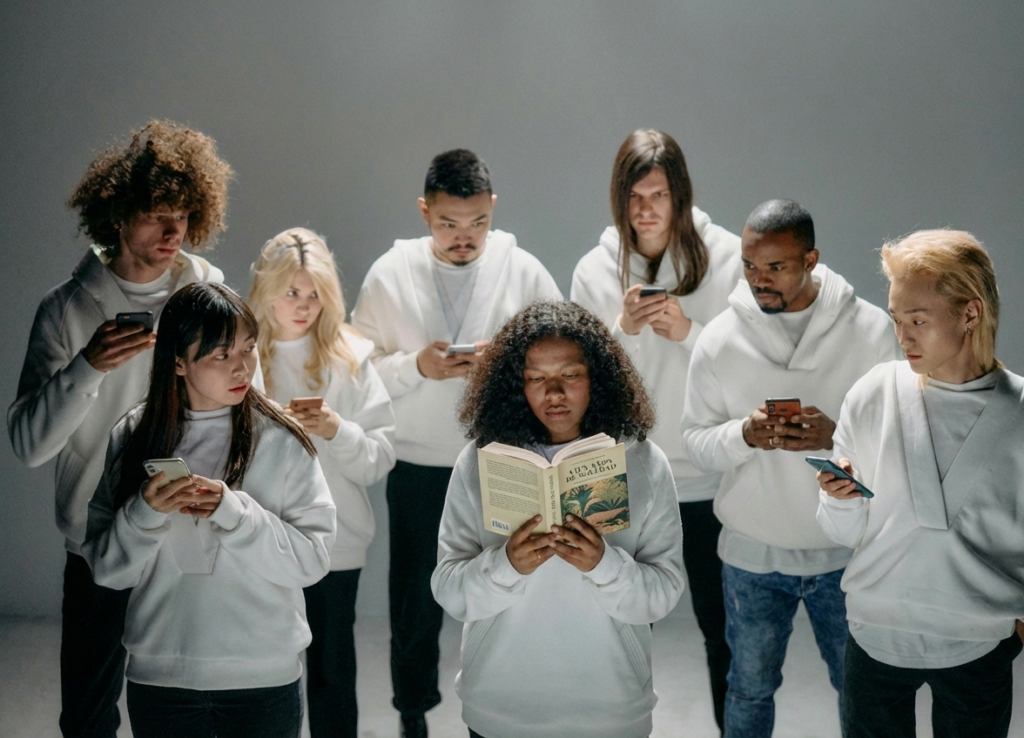 Representación del contraste entre una persona leyendo un libro y un grupo con los smartphone juzgandola con la mirada como si fuera una rara avis
