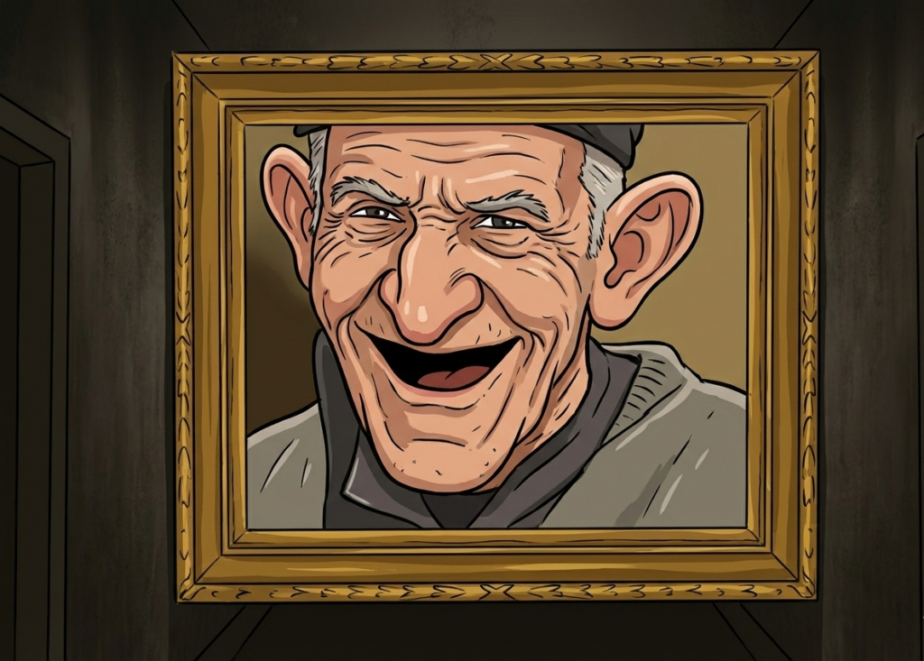 caricatura del caraperro, representando este microrrelato de marisa: desparecido.