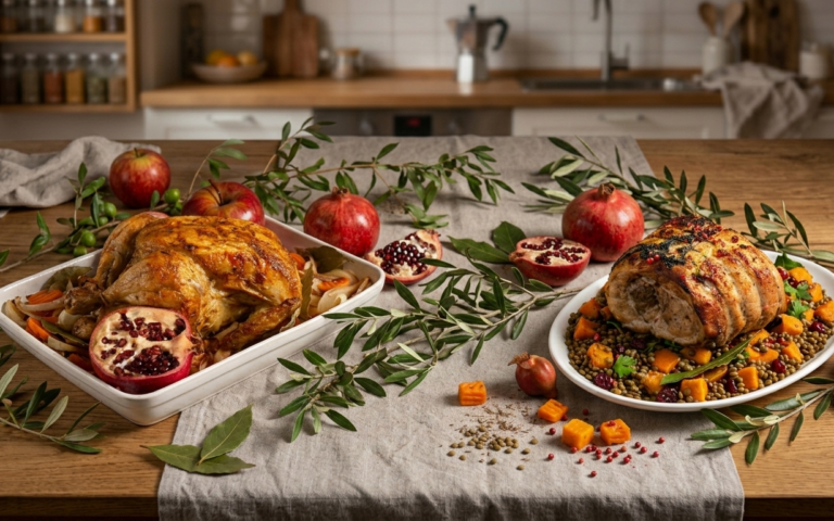 Pollo relleno junto a carne rellena y atada con la técnica bramante, representando la técnica de rellenar carnes y aves